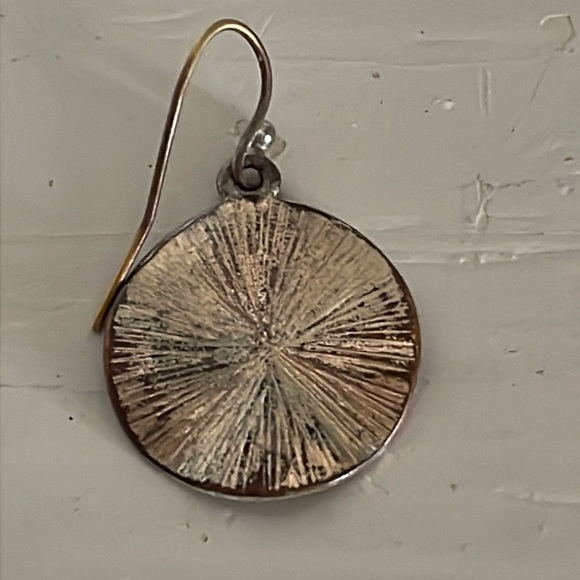 1” gold tone round textured medallion dangle earrings on hypoallergenic wires - Picture 8 of 13